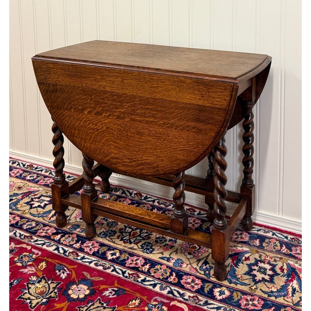 English Antique English Table Drop Leaf Gateleg Barley Twist Oak Oval C. 1920-30s For Sale - Image 3 of 17