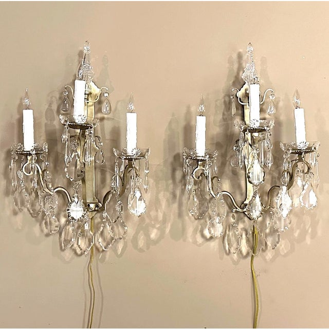 Metal Pair of Vintage Solid Brass and Cut Crystal Wall Sconces For Sale - Image 7 of 18