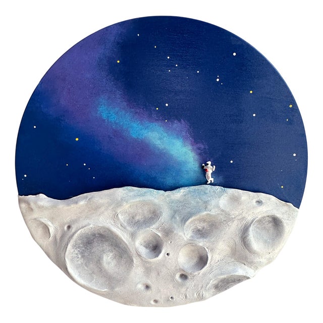 Vera Vizzi, Galaxy Art Celestial Wall Sculpture with Astronaut Figure on Lunar Relief, 2025, Mixed Media For Sale
