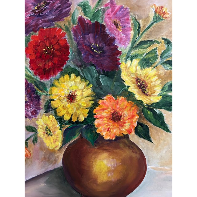 Textile 1940’s Vintage Brightly Colored Floral Still Life Oil Painting in Vintage Frame For Sale - Image 7 of 8