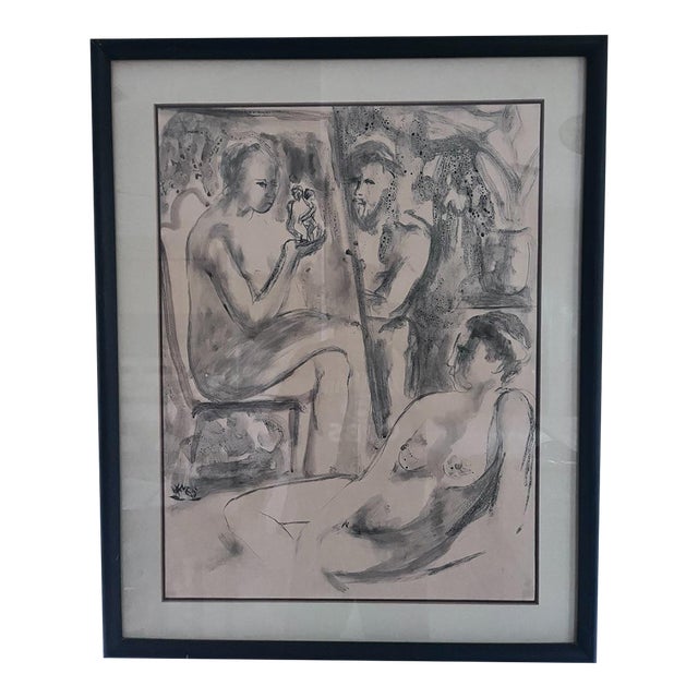 Mid-Century Modern Monochromatic Figurative Watercolor of Reclining Nudes For Sale
