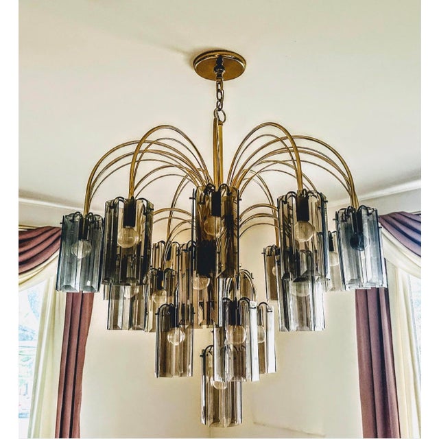 Forecast Lighting Grand-Scale 1970s Smoked Glass and Brass 22-Light Waterfall Chandelier For Sale - Image 4 of 9