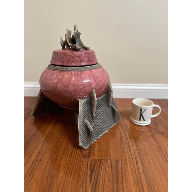 Vintage MDC Signed Pink Raku Ceramic Tripod Lidded Vessel For Sale In New York - Image 6 of 7