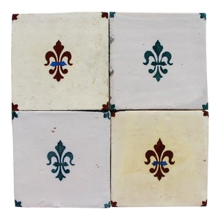 Antique Portuguese Fleur De Lis Tin-Glazed Pottery, Earthenware Tiles - Set of 4 For Sale