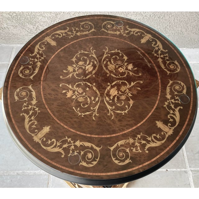 Circa 1980 Italian Intarsio Lazy Susan Arabesque & Sorrentine Scroll Motif - Removable 5mm Glass Top For Sale In Austin - Image 6 of 13