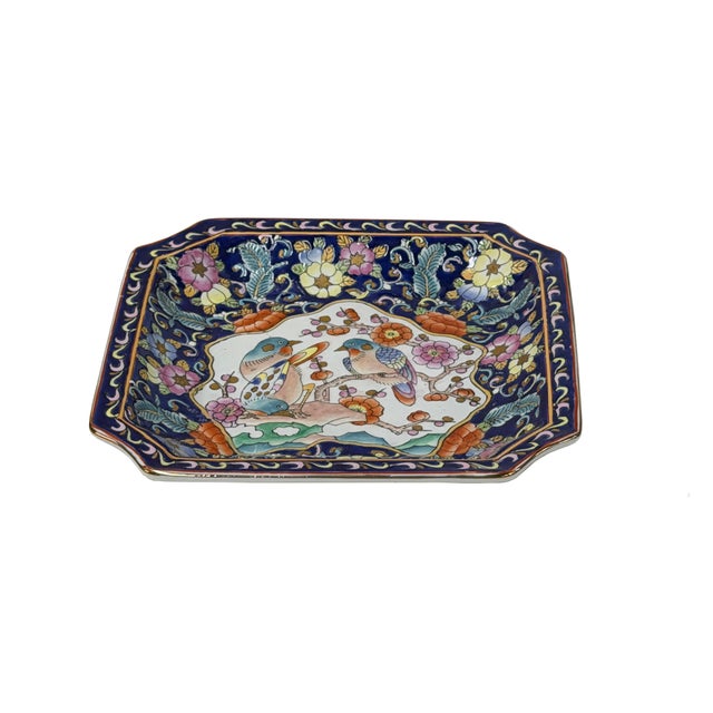 1970s Vintage Deep Blue Flower Birds Square Ceramic Display Tray For Sale - Image 5 of 7