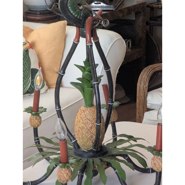 Vintage British Colonial Pineapple & Faux Bamboo Chandelier — Artist-Repainted by Anne Yates Burst, Indies Landing, Winter Park Fl For Sale - Image 4 of 16