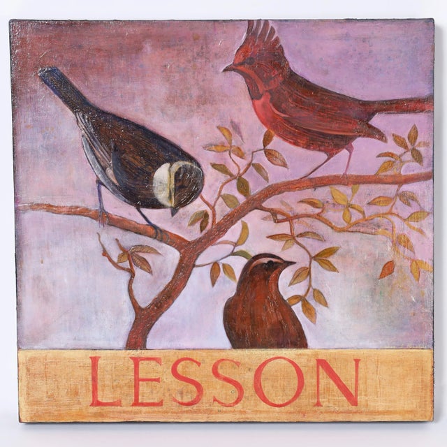 Lofty set of four modernist gouache and acrylic paintings on canvas of birds in a variety of situations as messengers of...