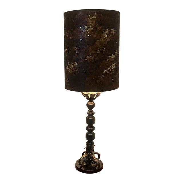 Mid 20th Century Spanish Revival Barley Twist Candlestick Lamp With Amethyst Finale & Original Foil Metallic Shade For Sale