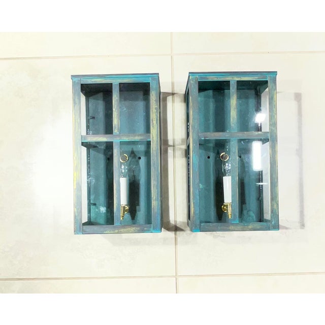 Turquoise Exquisite Vintage Verdigris Brass Wall Lanterns / Sconces – Pair For Sale - Image 8 of 17