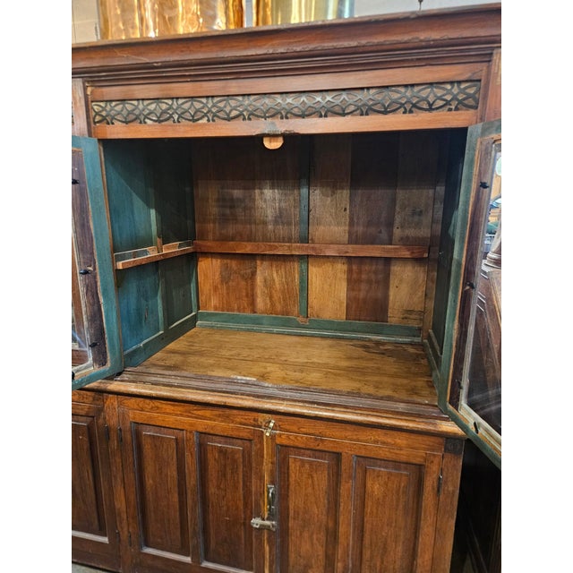 Vintage Large Two-Part Wooden Glass-Front Cabinet With Paneled Base and Carved Detail For Sale - Image 10 of 12