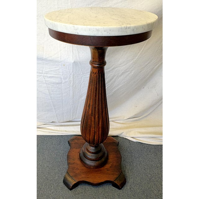 Traditional 1900's Solid Wood Reeded Pedestal/ Plant Stand With Marble Top For Sale - Image 3 of 18
