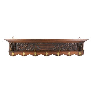 Antique French Hand-Carved Oak and Brass Wall Coat Rack with Lion Heads, 1900s For Sale