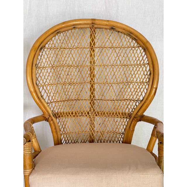 1970s Pair of Vintage Stylish Bamboo & Rattan Fan Back Arm Chairs & New Cushions For Sale - Image 5 of 18