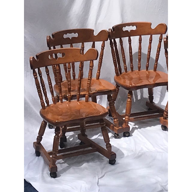 MCM Vintage Tell City Tavern Chairs Rolling Wood Dining Chairs For Sale - Image 4 of 17