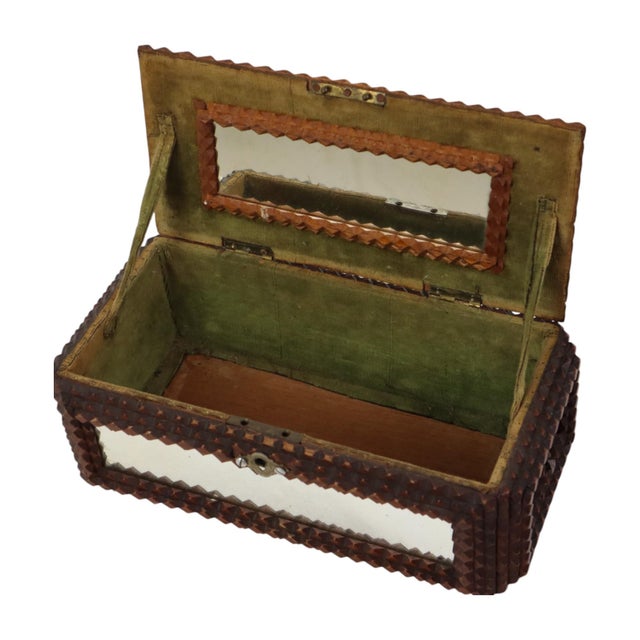 Antique Folk Art Tramp Art Box with Mirrors, 1890s For Sale - Image 6 of 16