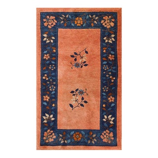 1980s Vintage Coral Floral Design Chinese Peking Wool Pile Scatter Size Area Rug For Sale