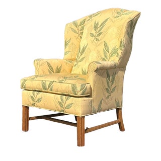 Vintage Boho Leaf Printed Wingback Chair For Sale