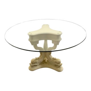 Vintage Hollywood Regency Ivory Triple Dolphin Pedestal Glass Top Dining Table For Sale