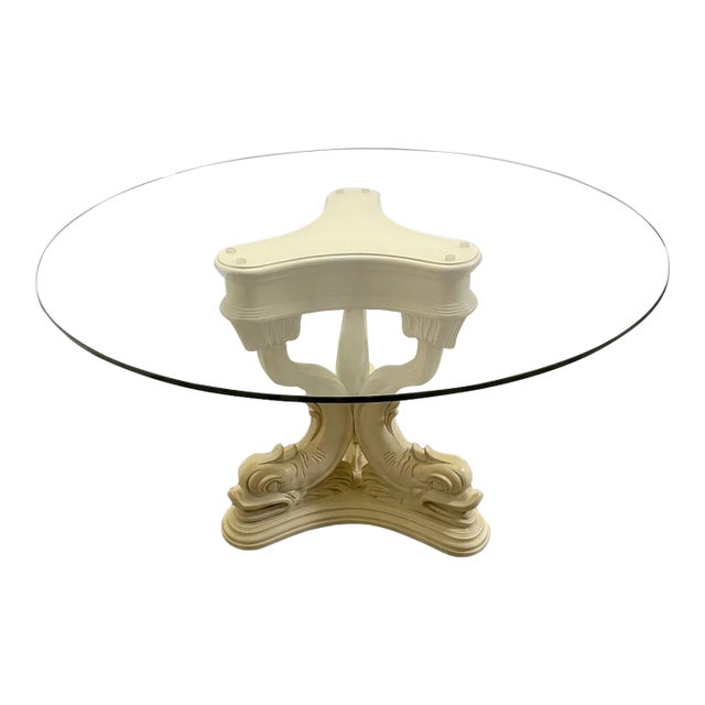 Vintage Hollywood Regency Ivory Triple Dolphin Pedestal Glass Top Dining Table For Sale