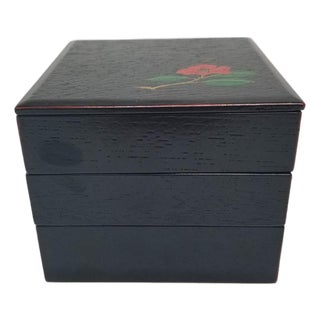 Vintage Japanese Three-Tier Black Lacquer Wooden Box For Sale