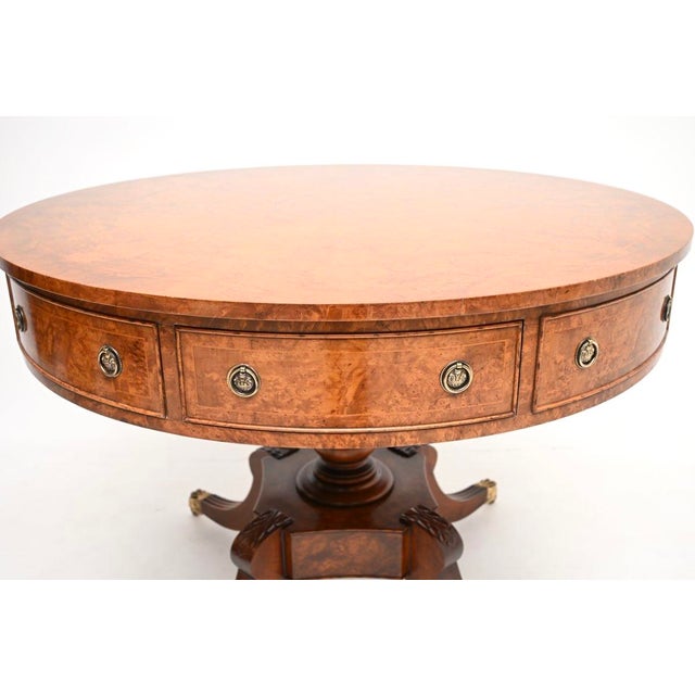 Brown Vintage Regency Style Burr Walnut Drum Table, 1950 For Sale - Image 8 of 12