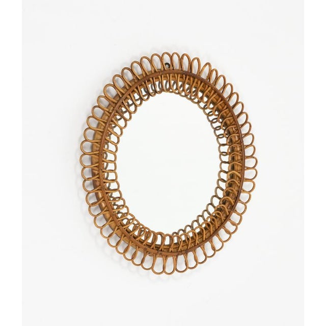 Wood Mid-Century Round Rattan and Bamboo Wall Mirror in the style of Franco Albini, Italy, 1960s For Sale - Image 7 of 11