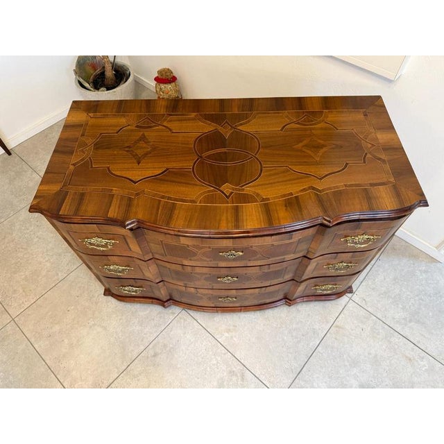 Baroque Chest of Drawers in Fruitwood Marquetry and Walnut For Sale - Image 9 of 18