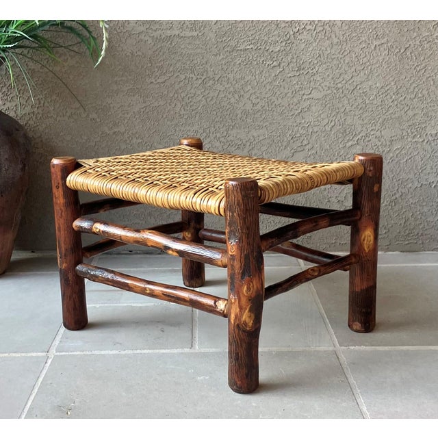 Rustic Chic Mid 20th-Century Hickory Wood & Handwoven Double Twill Plaited Cane Bench For Sale - Image 10 of 18