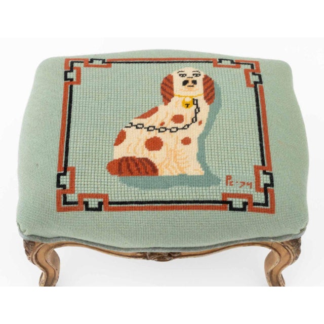 Signed Spaniel Motif Needlepoint Footstool, 1974 For Sale - Image 4 of 8