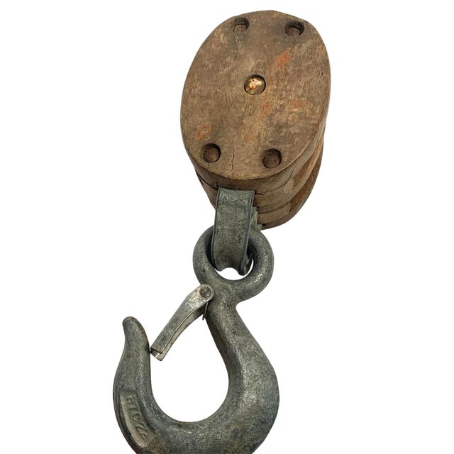 Farmhouse Circa 1940s Boston & Lockport Wooden Double Pulley Block For Sale - Image 3 of 12