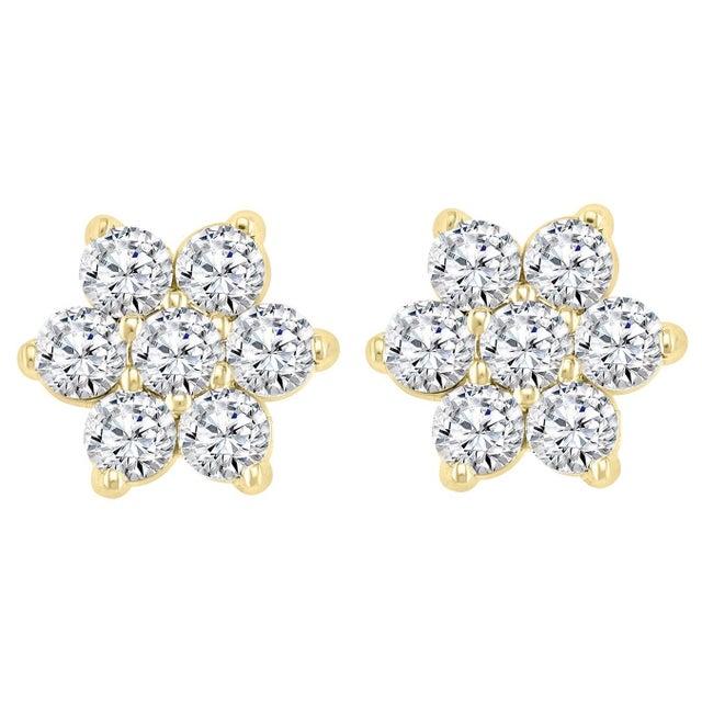 2.80 Carat 7 Diamond Floral Cluster Flower Stud Earrings in 14 Karat Yellow Gold For Sale - Image 15 of 18