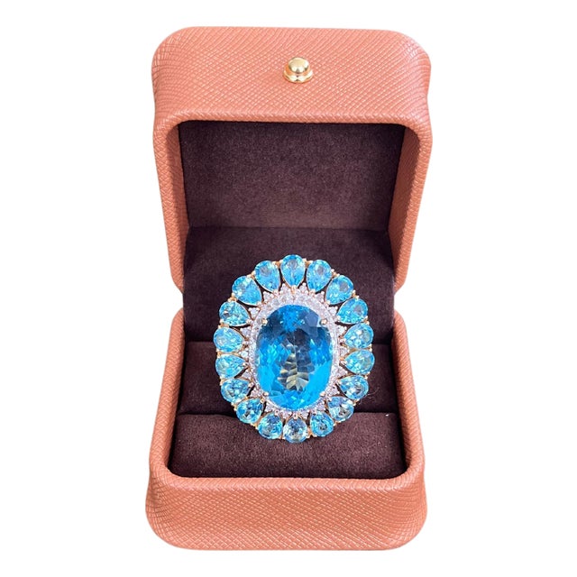 Bochic "Capri" Vintage Diamond & Oval Shape Blue Topaz & Set In 18K Gold & Silver For Sale