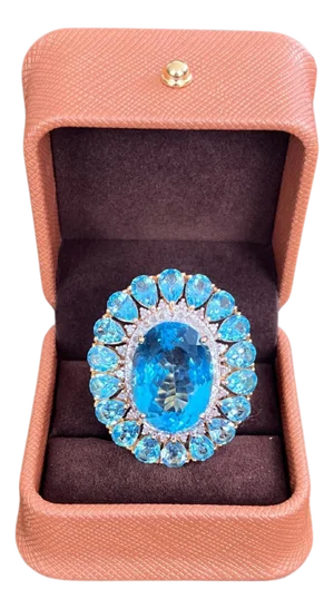 Bochic "Capri" Vintage Diamond & Oval Shape Blue Topaz & Set In 18K Gold & Silver