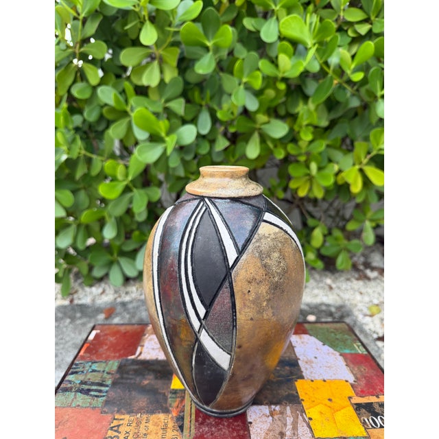 Ceramic Vintage Signed Raku Studio Pottery Vase With Iridescent Geometric Design, 10” For Sale - Image 7 of 11