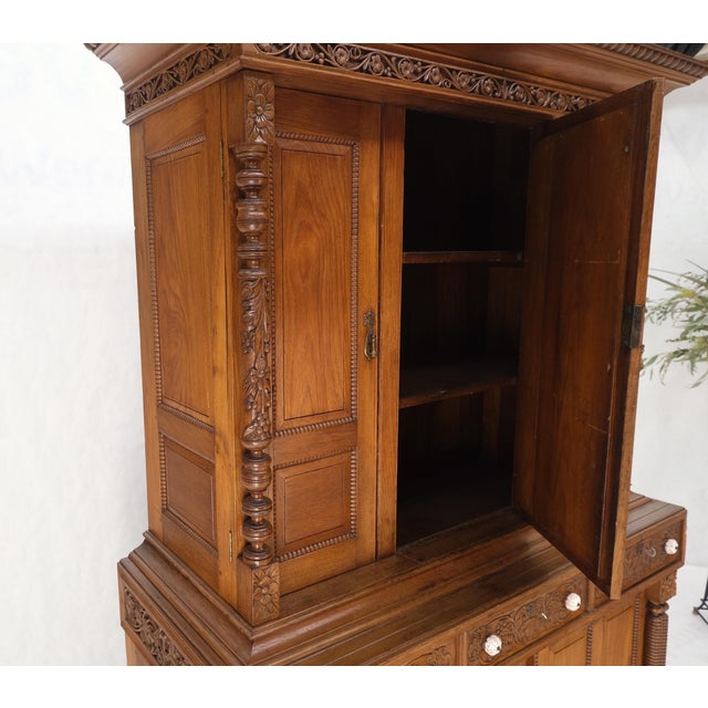 Solid Carved Teak Antique Two Part Cupboard Cabinet with Unique Feature For Sale - Image 4 of 11