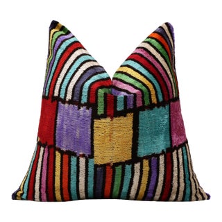 The Vibrant Multi-Color Geometric Silk Velvet Pillow - 20" X 20" For Sale