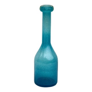 Art Glass Tall Vase: Vintage Mid Century Cerulean Periwinkle Blue Crackle With Lovely Texture