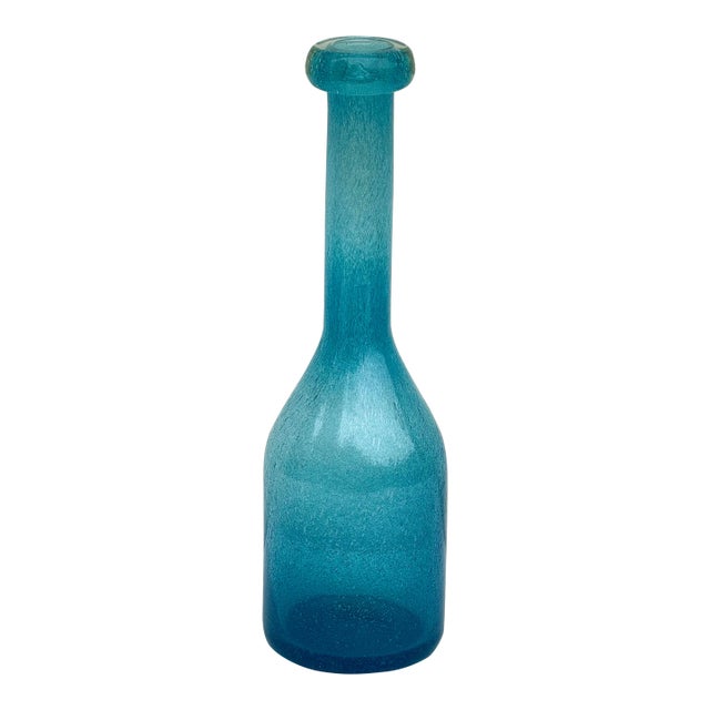 Art Glass Tall Vase: Vintage Mid Century Cerulean Periwinkle Blue Crackle With Lovely Texture For Sale