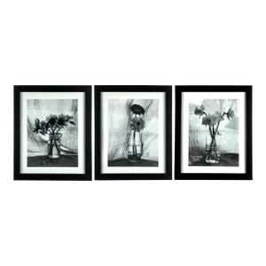 Vintage Set of 3 Framed Monotone Flower Bouquets in Glass Vases
