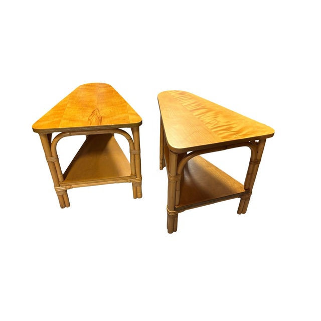 1950s Restored MCM 2-Tiered Vertically Stacked Rattan Arched Wedge Table, Pair For Sale - Image 5 of 6