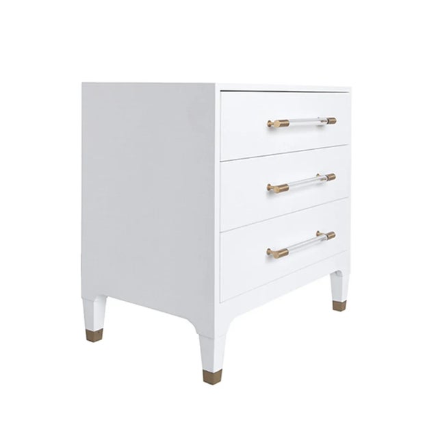 Contemporary Matthew Izzo Home Amber White Linen Side Table With Acrylic and Antique Brass Drawer Pulls For Sale - Image 3 of 8