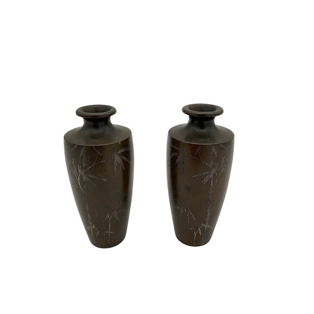 Vintage Japanese Silver Inlaid Bamboo Design Bronze Vase Set of 2 Meiji Period For Sale - Image 17 of 17