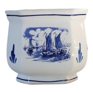 Vintage Hand Painted Blue & White Nautical Themed Ceramic Planter