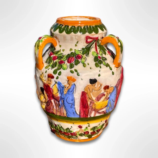 Italian Vintage Italian Majolica Hand-Painted Ceramic Vase For Sale - Image 3 of 7