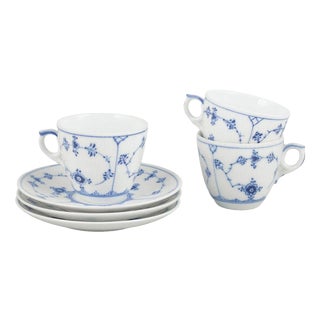 Royal Copenhagen Blue Fluted Plain. Three Coffee Cups with Saucers. Early 20th C, Set of 6 For Sale