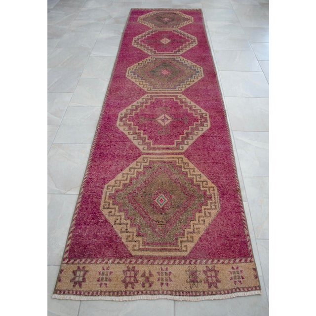 Purple Hand-Knotted Turkish Runner Rug Hallway Rug, Kitchen Runner, Bed Side Accent - 3′ × 11′3″ For Sale - Image 8 of 13