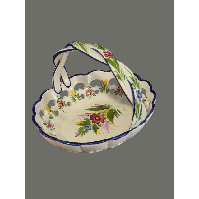 Traditional Vintage Portugal Hand-Painted Floral Basket Heart Open Work Braided Handle Made for Lord & Taylor For Sale - Image 3 of 8