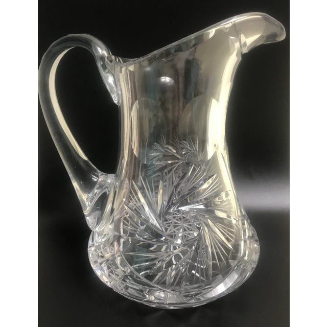 Transparent Vintage Crystal Glass Pitcher Decanter Star American Brilliant Period Cut With Thumbprint Handle For Sale - Image 8 of 11
