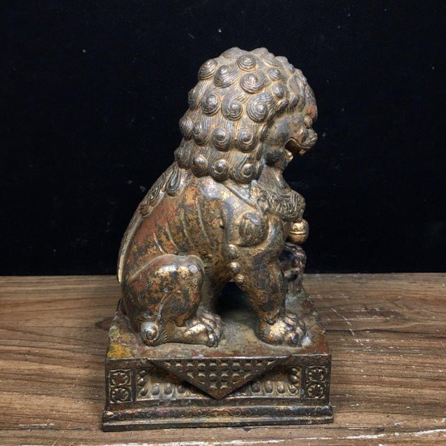 Pair of Vintage Bronze Guardian Lion Statues on Decorative Bases For Sale In Los Angeles - Image 6 of 9